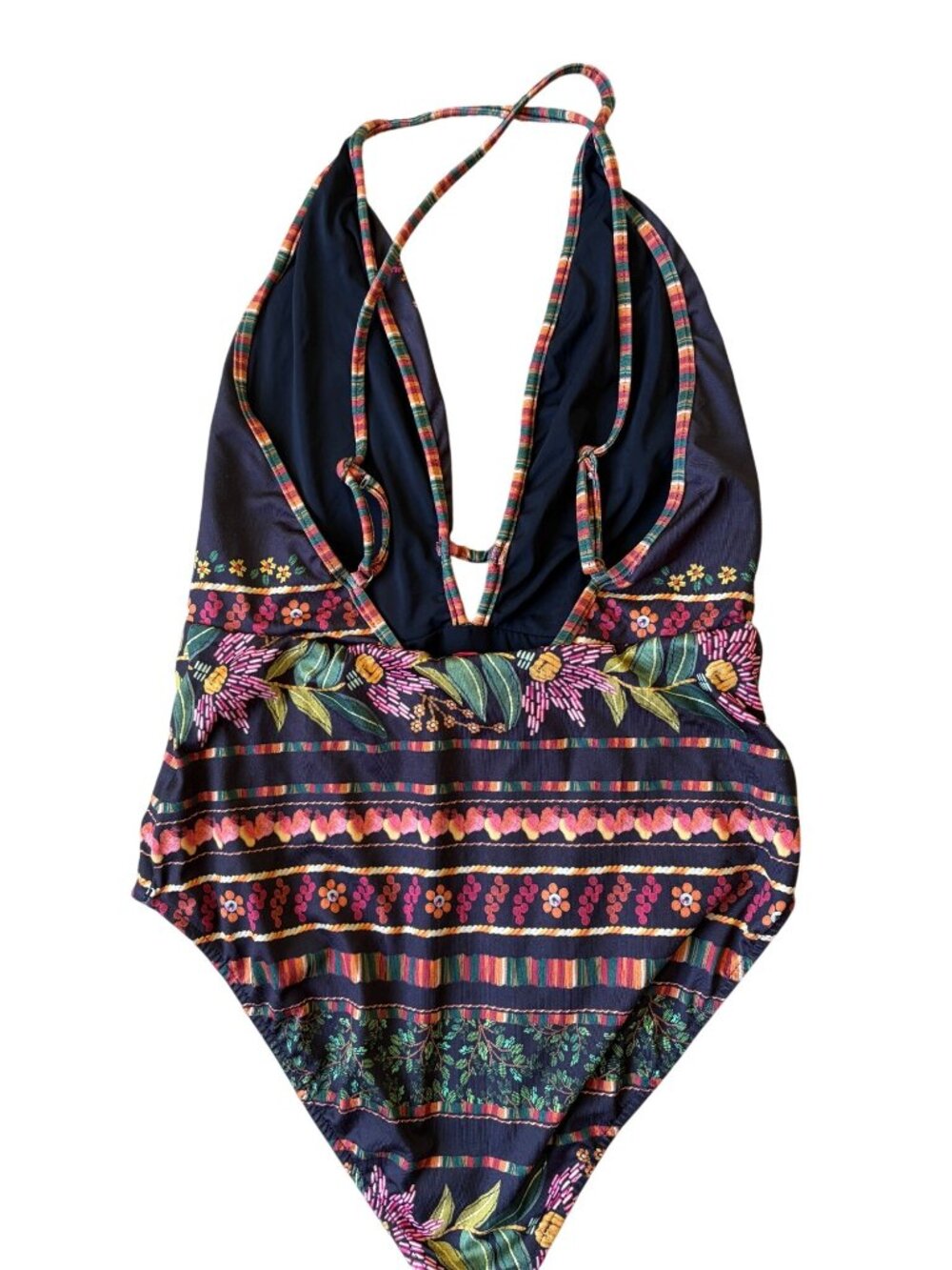 Farm Rio Fiona One Piece Swimsuit XL Plunging Halter Neckline Brown Floral Boho - Picture 2 of 6